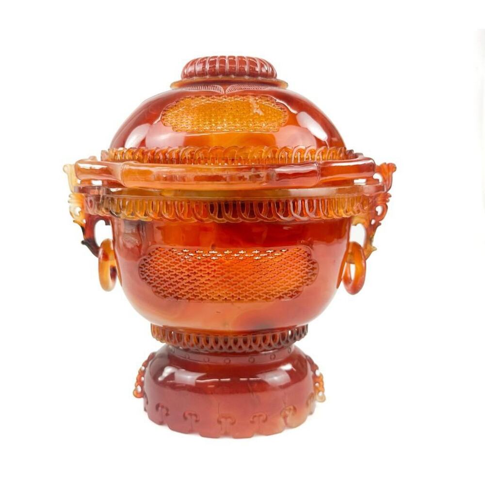 Qing Dynasty Chinese Carved Carnelian Agate Censor with Cover